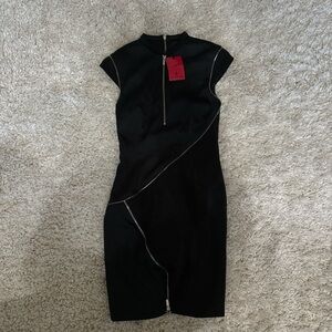 Lisa Von Tang Black Midi Dress with Zipper Accents